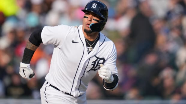 Detroit Tigers’ Javier Baez heads to first on a catcher’s interference during the sixth inning of a baseball game against the Boston Red Sox, Saturday, April 8, 2023, in Detroit. (AP Photo/Carlos Osorio)